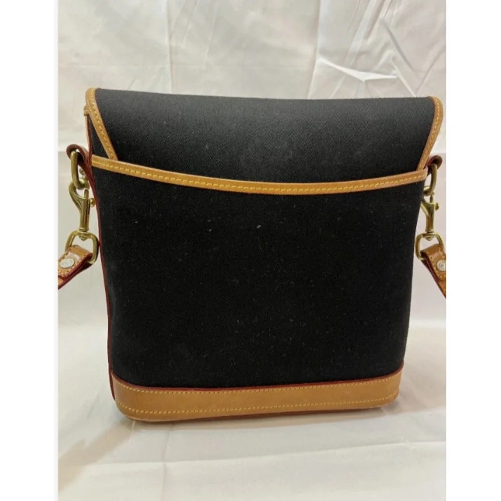 Dooney & Bourke Black Canvas/ Light Tan Leather Medium Flap Crossbody Bag Purse